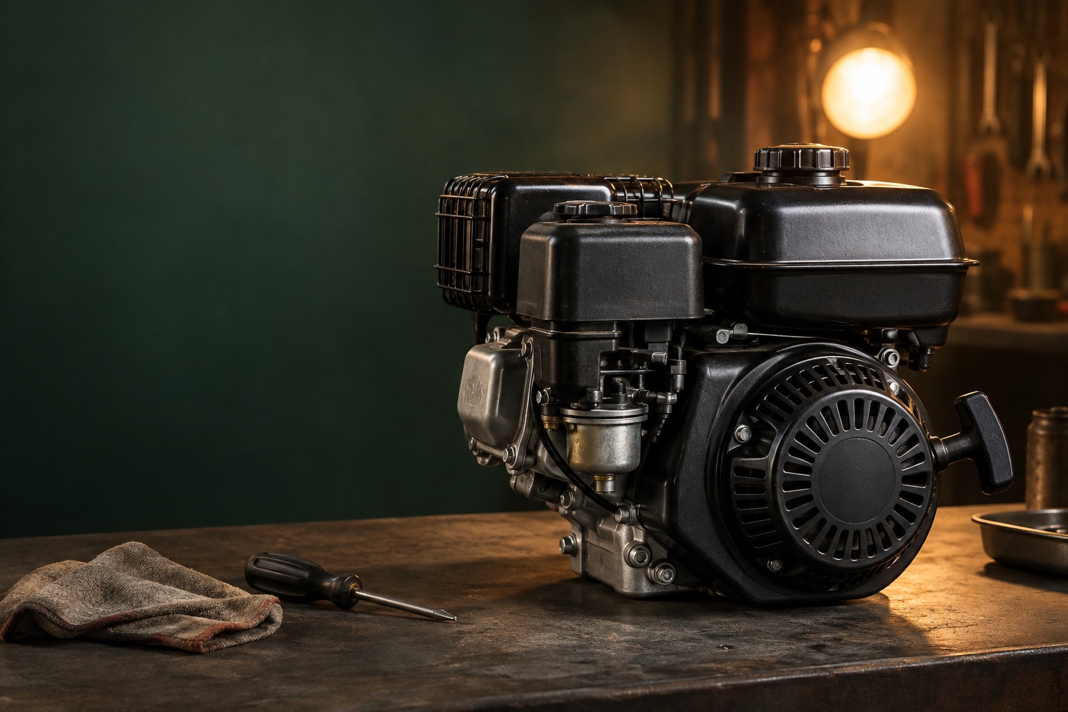 Illustrative study of a small gasoline engine under warm light; AI generated, not Pete’s workshop